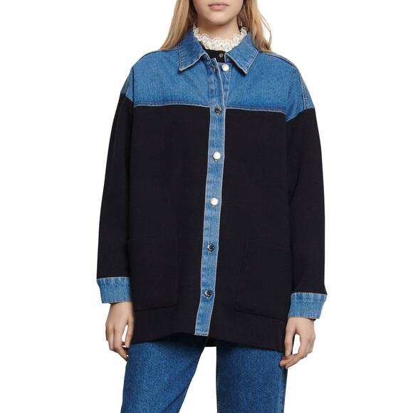 Sandro 'Mixed Media' Blue Jacket Size 1 - Picture 1 of 5